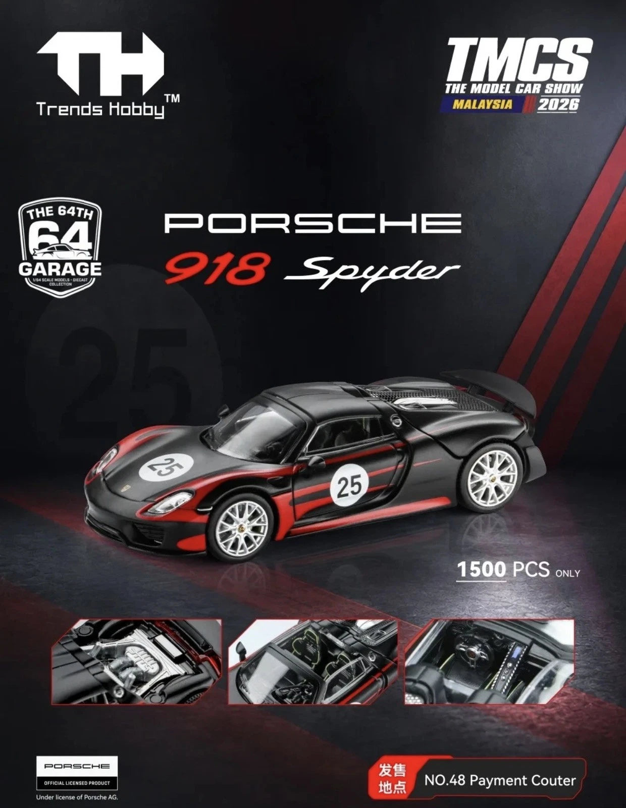 Trends Hobby 1/64 Porsche 918 Spyder #25 Matte Black TMCS 1500pcs Car